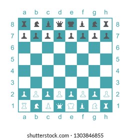 Chess board with chess pieces. Set of two vector icons. Flat design. Vector illustration