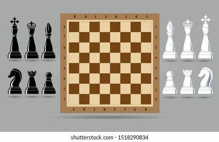 Chess board and pieces set. Vector illustration