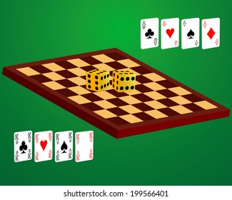chess board playing cards and dice on green background