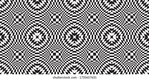 Chess board with psychedelic spherical volume. Contrasty Optical Psychedelic Illusion. Checkered seamless pattern with optical illusion of spherical volume. Animated hypnotic background
