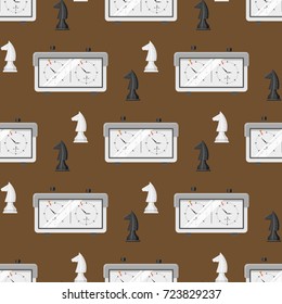 Chess board seamless pattern background chessmen leisure concept knight group white and black piece competition vector illustration