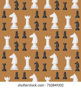 Chess board seamless pattern background chessmen leisure concept knight group white and black piece competition vector illustration