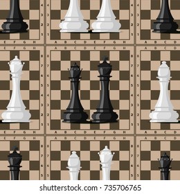 Chess board seamless pattern background chessmen vector leisure concept knight group white and black piece competition