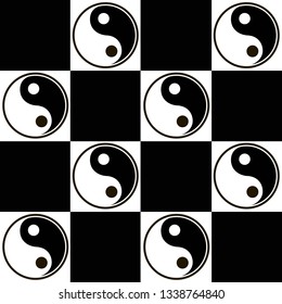 Chess board seamless pattern. Black and white squares with Yin Yang symbol