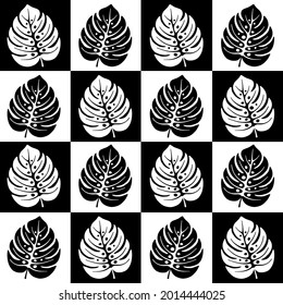 Chess board seamless pattern. Black and white squares with palm leafs
