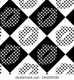 Chess board seamless pattern, lips, stars. Black drawing on a white background and white drawing on a black background. Vector illustration. Decorative print. Black and white lips.