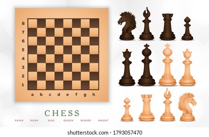 Chess and chess board set, chessmen banner, realistic drawing. Black, white piece pawn, king, queen, bishop, knight, rook, with signed figure names isolated on textural background. Vector illustration