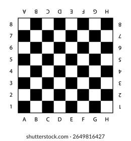 Chess board set up for a game with coordinates marked along edges and alternating colors