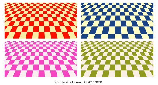 Chess board with very small squares background. Red, orange, blue, pink, green checkered colors. Repeating texture, illustration, repeating checkered background vector