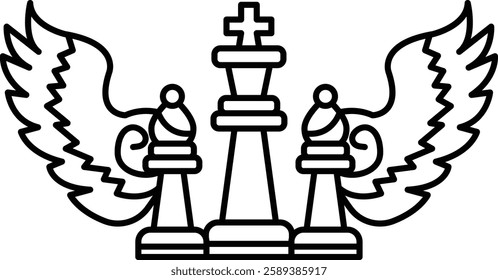 A chess board with a winged cross on top and two pieces on the bottom