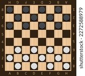 Chess boards on wooden background. Draughts, game with pieces in dark and light brown. Vector illustration. Eps 10.
