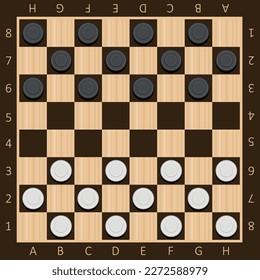 Chess boards on wooden background. Draughts, game with pieces in dark and light brown. Vector illustration. Eps 10.