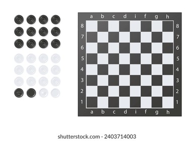 Chess boards on wooden background. Draughts, game with pieces in black and white. Vector