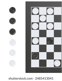 Chess boards on wooden background. Draughts, game with pieces in black and white. Vector