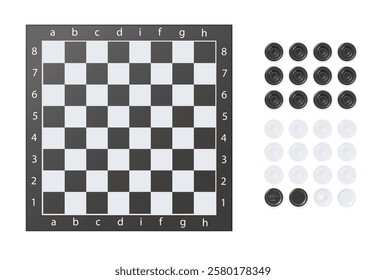 Chess boards on wooden background. Draughts, game with pieces in black and white. Vector