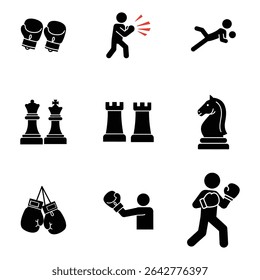 Chess and Boxing Icon Set Sports and Strategy Silhouettes Collection