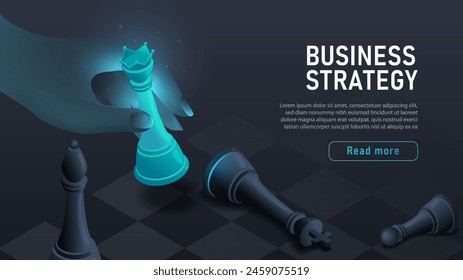 Chess business strategy banner. Planning and goal setting. Financial literacy and passive income. Motivation and vision of future. Landing webpage design. Neon isometric vector illustration