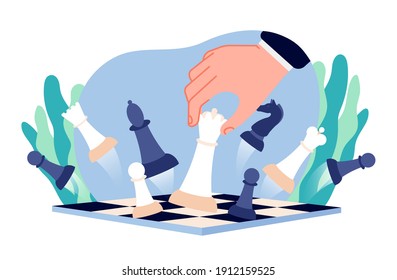 Chess business strategy. Businessman game, hand moves queen piece on board. Abstract mind thinking, career victory gambit utter vector concept