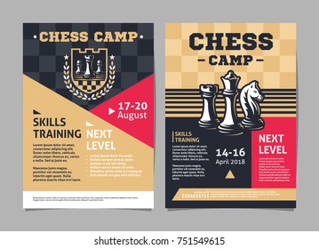 Chess camp posters, flyer with chess figures - template vector design