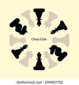 Chess card vector template. Frame with hand drawn chessmen illustrations. Good idea for chess club.