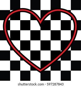 chess and cards, Black and white checkered tiles texture with one heart