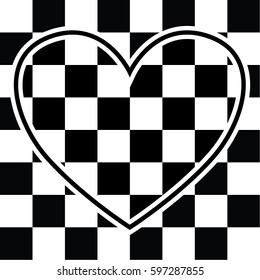 chess and cards, Black and white checkered tiles texture with one heart