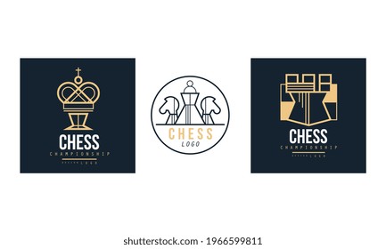 Chess Championship Logo Design Set, Retro Classic Badges, Emblem of Chess Club, Tournament Vector Illustration
