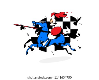 Chess character, pawn on horseback. Vector illustration. Image is isolated on white background. Character in the cartoon style. Pawn on horseback with a spear. A poster for the chess school.