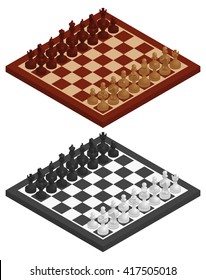 Chess. Chessboard, chessmen on it in black and white and wooden variations. Vector isometric illustration