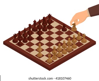 Chess. Chessboard, chessmen on it and hand holding chess knight. Isometric vector illustration