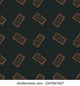 Chess clock engraved seamless pattern. Retro watch for chess game in hand drawn style.