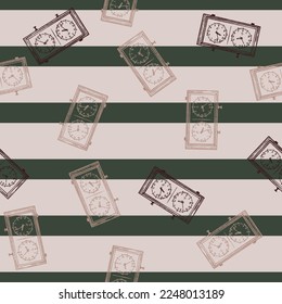 Chess clock engraved seamless pattern. Retro watch for chess game in hand drawn style.
