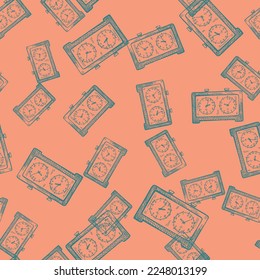 Chess clock engraved seamless pattern. Retro watch for chess game in hand drawn style.
