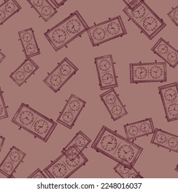 Chess clock engraved seamless pattern. Retro watch for chess game in hand drawn style.