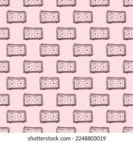 Chess clock engraved seamless pattern. Retro watch for chess game in hand drawn style.