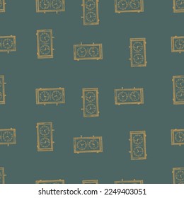 Chess clock engraved seamless pattern. Retro watch for chess game in hand drawn style.