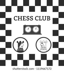 Chess club. Chess clock, chessboard, white and black kings or rooks.Vector illustration.