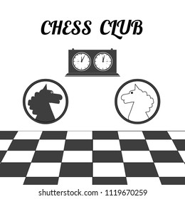Chess club. Chess clock, chessboard, white and black knights.Vector illustration.
