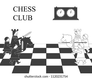 Chess club. Chess clock, chessboard, white and black chess pieces.Vector illustration.