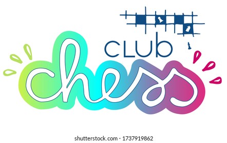 Chess club colorful funny logo. Hand drawn cartoon lettering rainbow colors. Chess school contemporary design banner. Chessboard part with white pieces on top. Text with bold multicolor stroke.