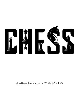 Chess Club creative typography using words and silhouettes of chess pieces a queen, bishop, knight, rook and pawn pieces. Vector illustration.