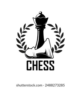 Chess Club emblem concept. Chess pieces pawn piece laying in front of Queen piece on a white.