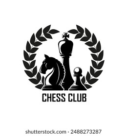Chess Club emblem concept. Chess pieces king, knight and pawn pieces, on a white. Black and white vector illustration