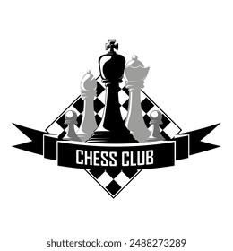 Concepto de emblema de Chess Club. Las piezas de ajedrez son la reina, el obispo, el caballero, la torre y las piezas de peón, y un tablero de ajedrez sobre un blanco.