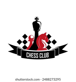 Concepto de emblema de Chess Club. Piezas de ajedrez rey, caballero y piezas de peón, en un blanco. Ilustración vectorial en blanco y negro