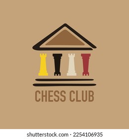 Chess club emblem. Chess design with classic building and rooks as columns.