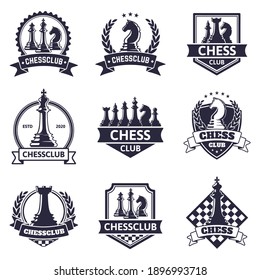 Chess club emblem. Chess game, chess tournament logo, king, queen, bishop and rook chess pieces silhouettes. Tactical game emblems vector illustration set. Victory badges with wreath and shield