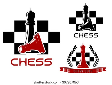 Chess club icons with standing black queen over fallen pawn and red queen decorated by wreath and ribbon banner on checkered background