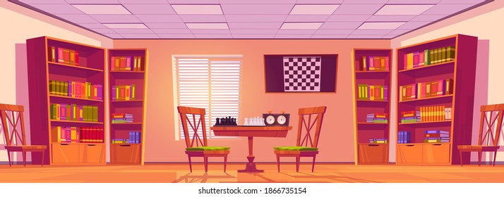 Chess club interior with board, pieces and clock on table, chairs, bookcases with books and checkerboard on wall. Vector cartoon illustration of empty room for playing chess