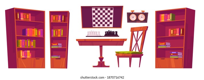 Chess Club Interior With Board, Pieces And Clock. Vector Cartoon Set Of Furniture For Playing Chess, Table, Chairs, Bookcases With Books And Checkerboard In Wooden Frame Isolated On White Background